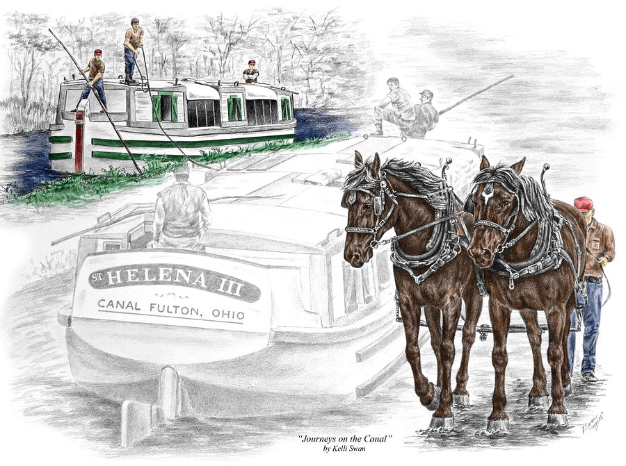 Journeys on the Canal - Canal Boat Print color tinted Drawing by Kelli Swan