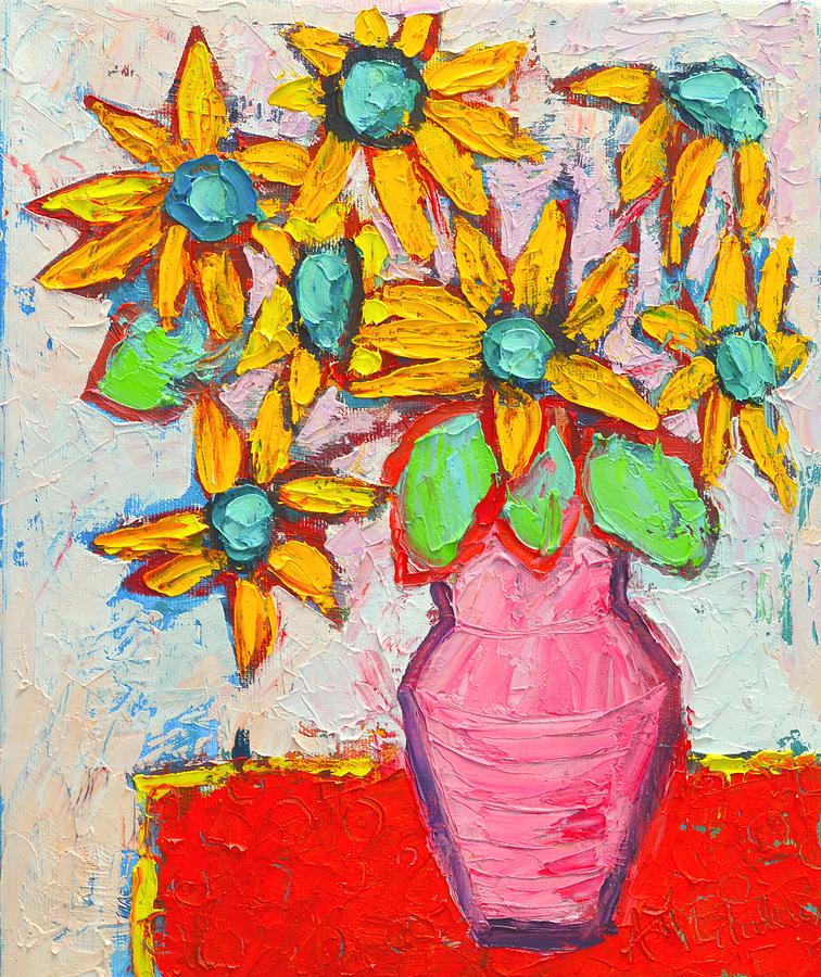 Joyful Little Sunflowers In Pink Vase - Abstract Flowers Painting by Ana Maria Edulescu