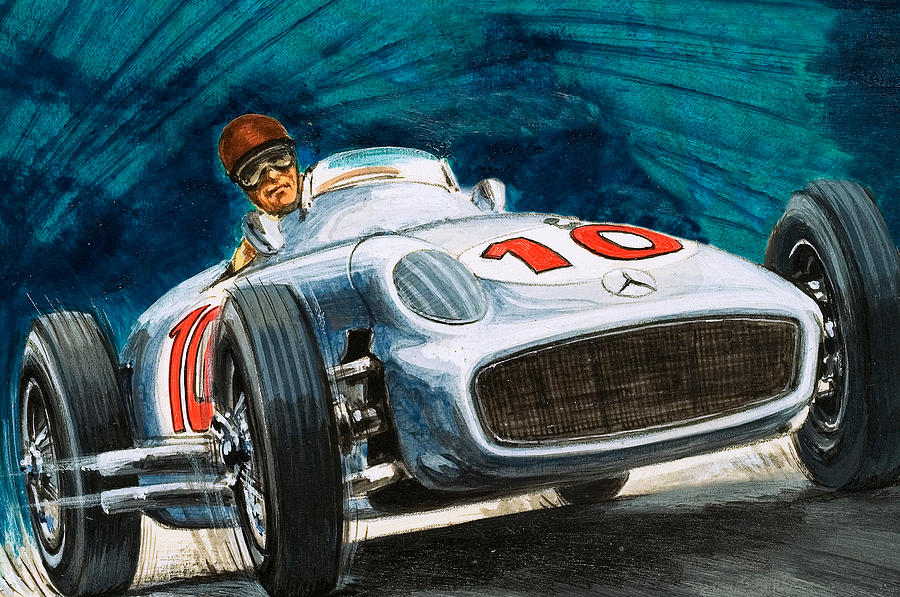 Car Painting - Juan Manuel Fangio driving a Mercedes-Benz by English School