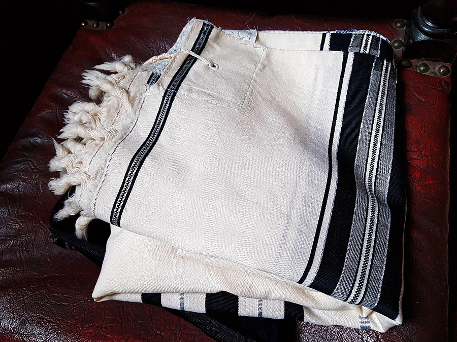 Judaica, a folded ashkenazic talit (jewish prayer shawl) with black stripes Photograph by by IAISI