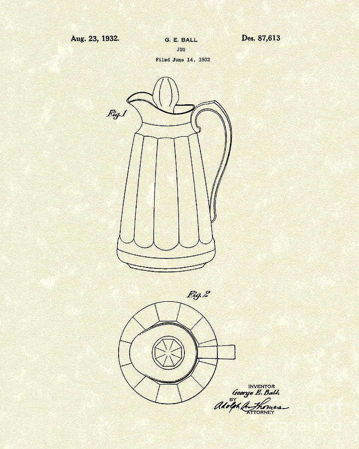 Jug 1932 Patent Art Drawing by Prior Art Design