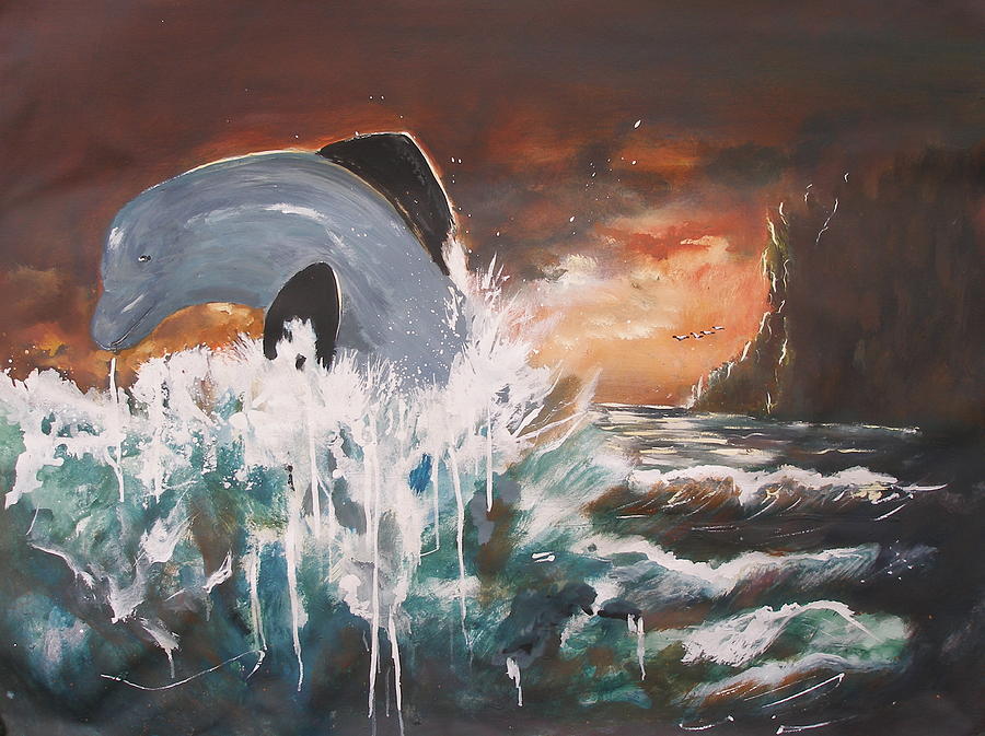 Jumping Dolphin Painting by Miroslaw  Chelchowski