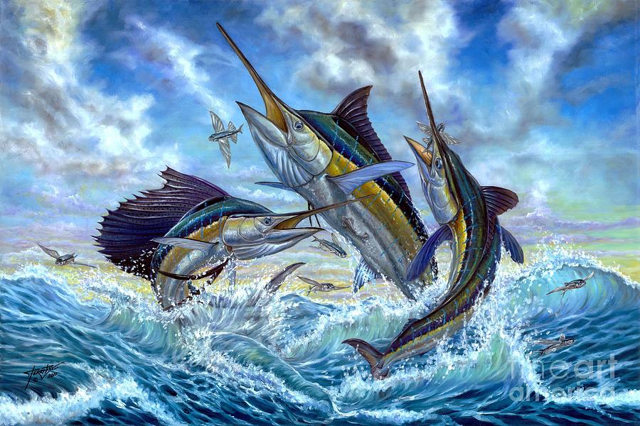 White Marlin Painting - Jumping Grand Slam And Flyingfish by Terry  Fox
