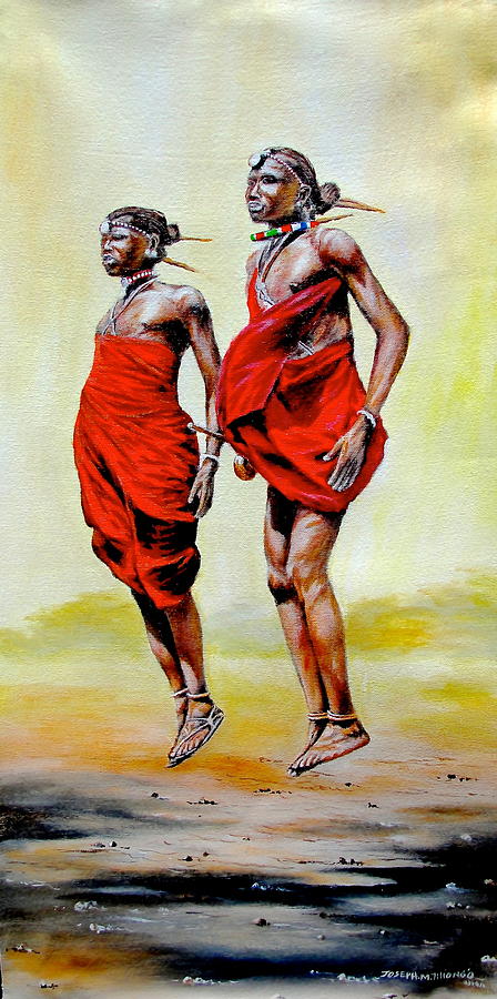 Jumping Maasai Painting by Joseph Thiongo