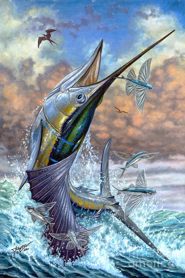 Jumping Sailfish And Flying Fishes Painting by Terry Fox