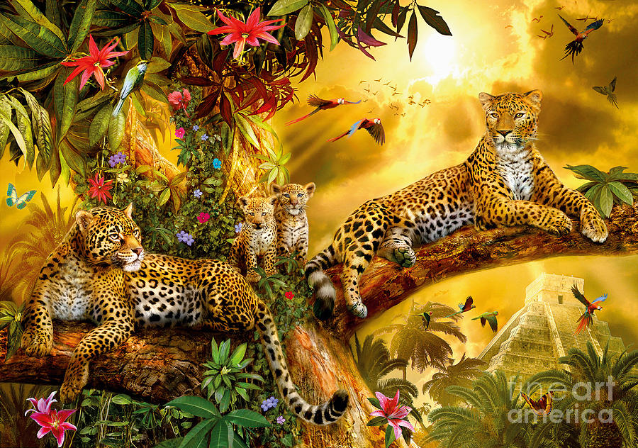 Wall Art Print, Curious Jaguar in the gold and green jungle