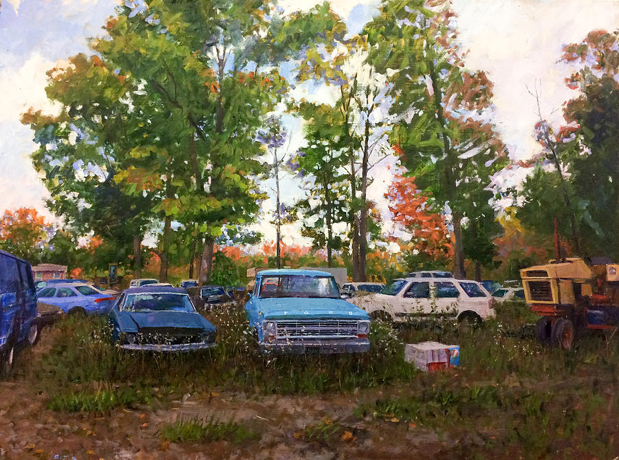 Old Cars Painting - Junk Yard by Edward Thomas