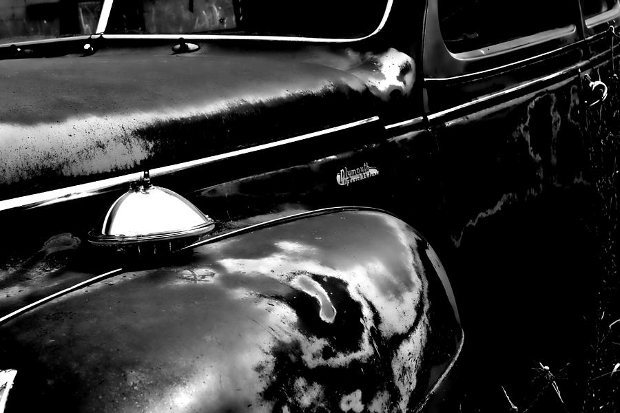 Junkyard Series Old Plymouth Black and white Photograph by Cathy Anderson