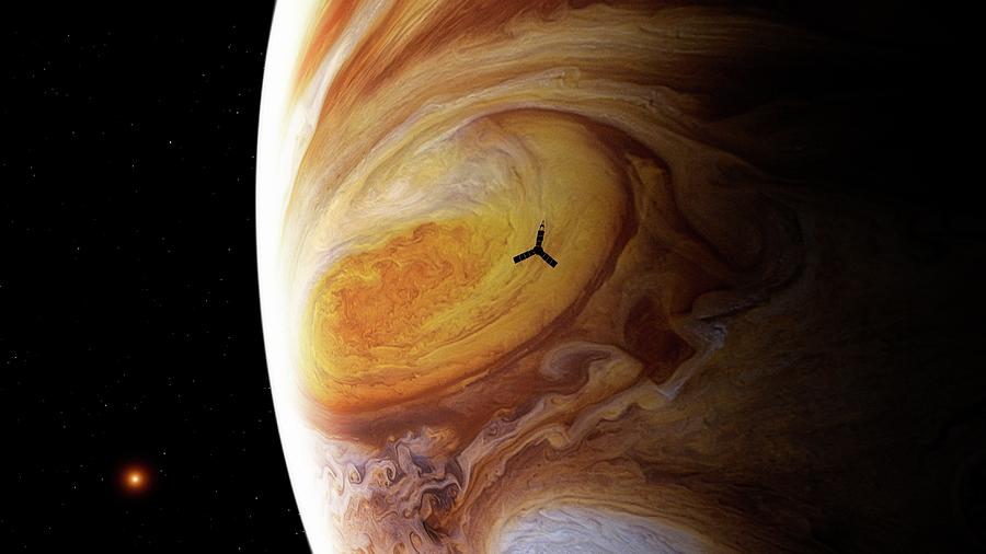 Juno Spacecraft At Jupiter Photograph by Nasa/jpl/bjrn Jnsson/sen Doran/science Photo Library