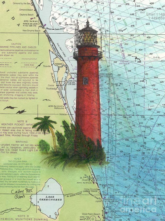 Tree Painting - Jupiter Inlet Lighthouse FL Nautical Chart Map Art Cathy Peek by Cathy Peek