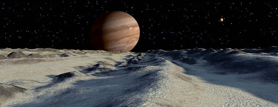 Jupiters large moon, Europa, is covered by a thick crust of ice above a vast ocean of liquid water. This crust will often pile up in long ridges as floes crash into one another. Drawing by Ron Miller/Stocktrek Images