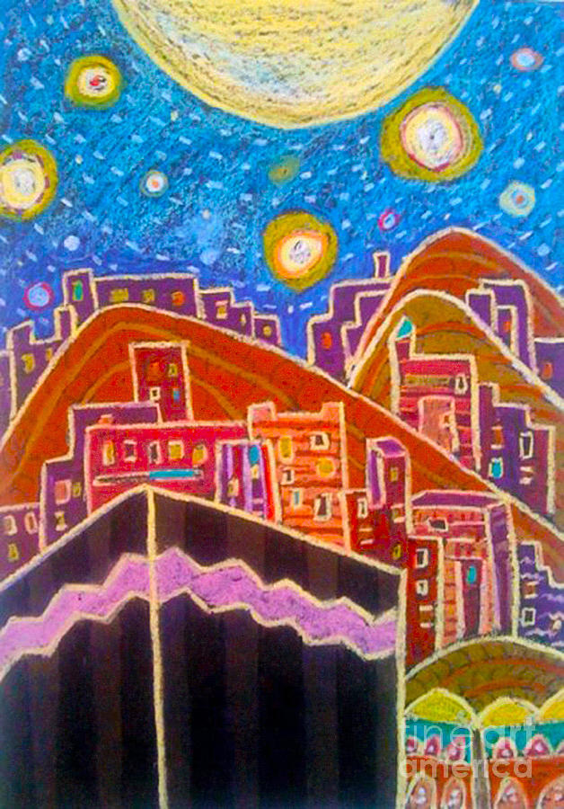 Kaaba and the Starry Night2 Pastel by Afshan Ali