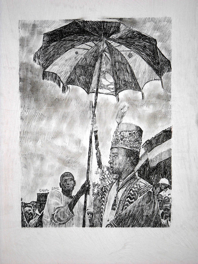 Kabaka Muteesa II under a tattered parasol Painting by Eria Nsubuga