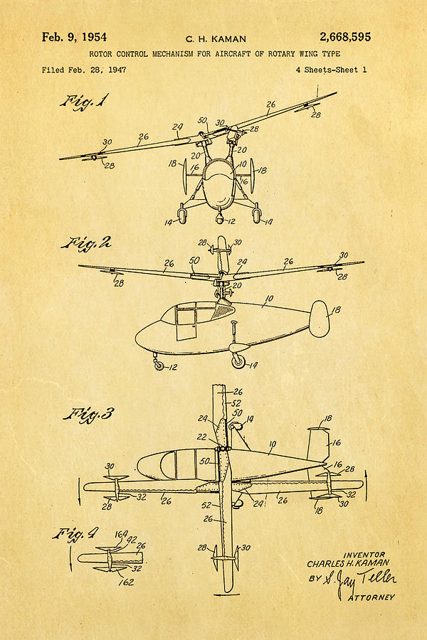 Vintage Photograph - Kaman Rotor Control Patent Art 1954 by Ian Monk