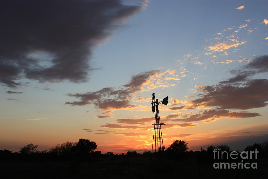 Sunset Photograph - Kansas Golden Sky with a Windmill by Robert D  Brozek