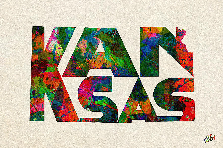 Kansas Map Painting - Kansas Typographic Watercolor Map by Inspirowl Design