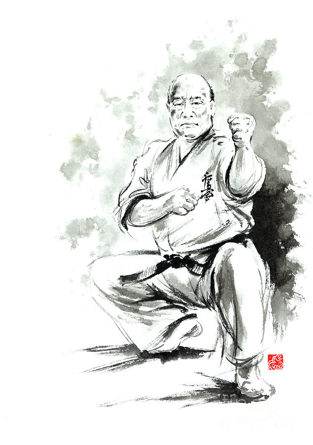 Karate Painting - Karate martial arts kyokushinkai Masutatsu Oyama japanese kick japan ink sumi-e by Mariusz Szmerdt