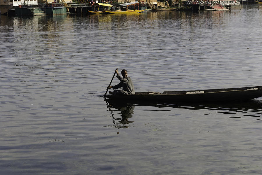 Kashmiri man rowing a small wooden boat in the waters of the Dal Lake in Srinagar Photograph by Ashish Agarwal