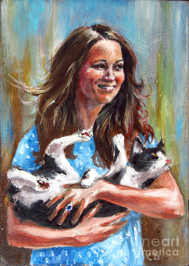 Animal Painting - Kate Middleton Duchess of Cambridge and her royal baby cat by Daniel Cristian Chiriac