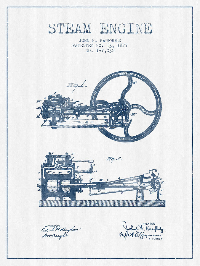 Vintage Digital Art - Kaufholz Steam Engine Patent Drawing From 1877- Blue Ink by Aged Pixel