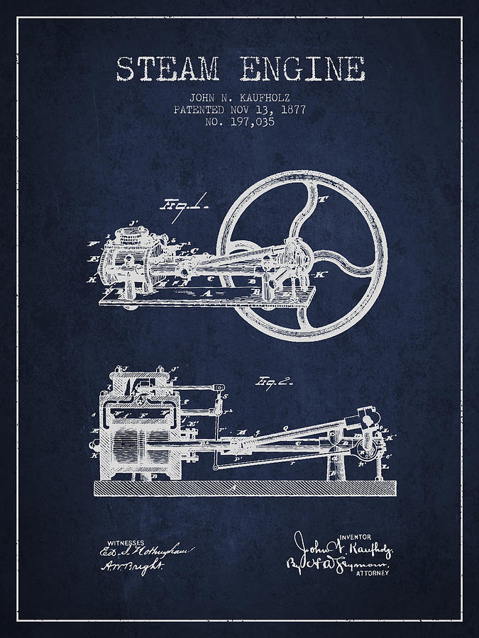 Vintage Digital Art - Kaufholz Steam Engine Patent Drawing From 1877- Navy Blue by Aged Pixel
