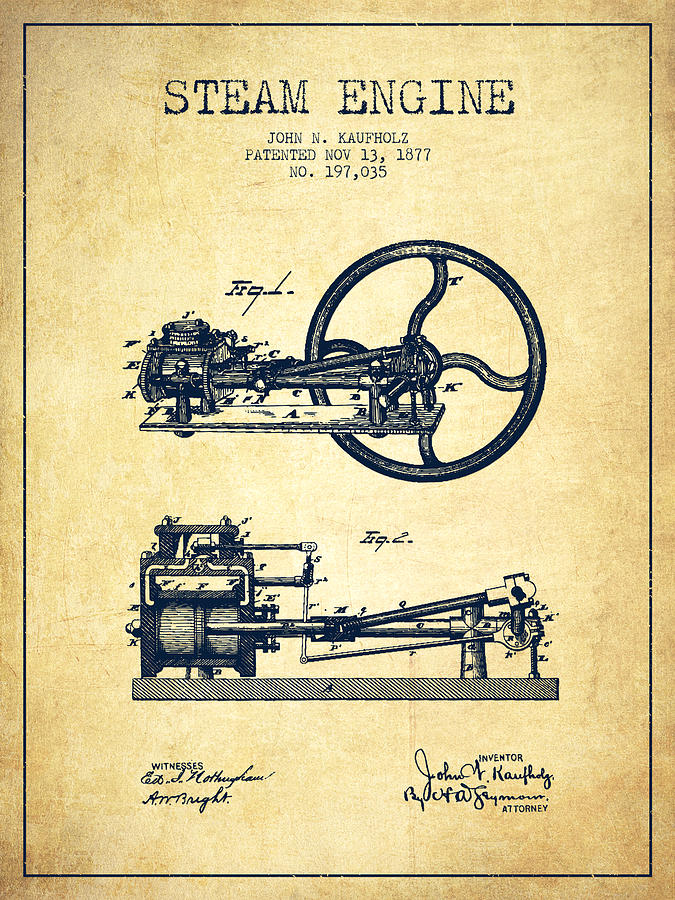 Kaufholz Steam Engine Patent Drawing From 1877- Vintage Digital Art by ...