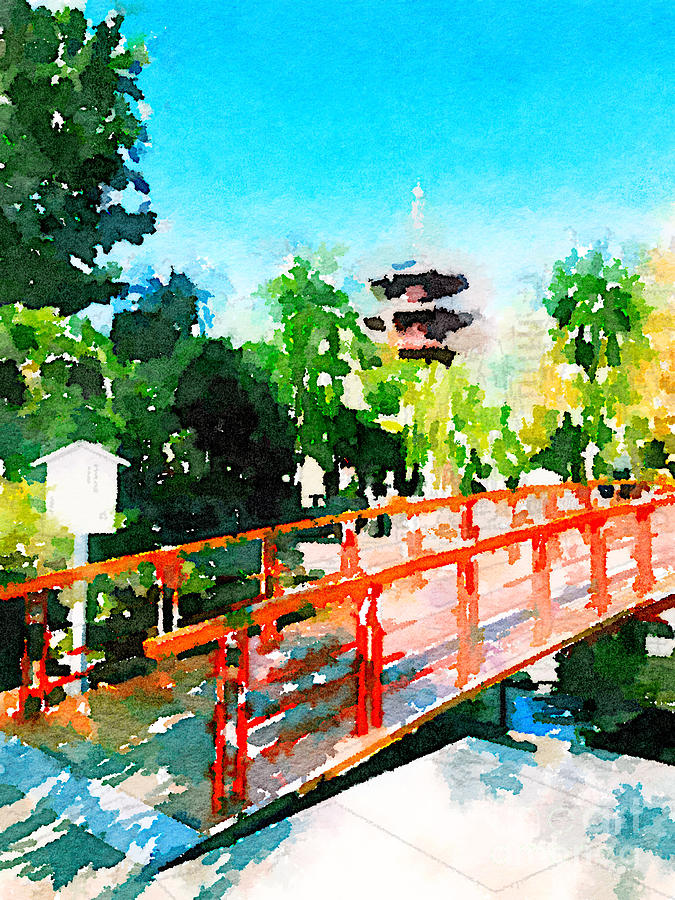 Kawasaki Daishi Bridge and Five-Storied Pagoda Painting by Beverly Claire Kaiya