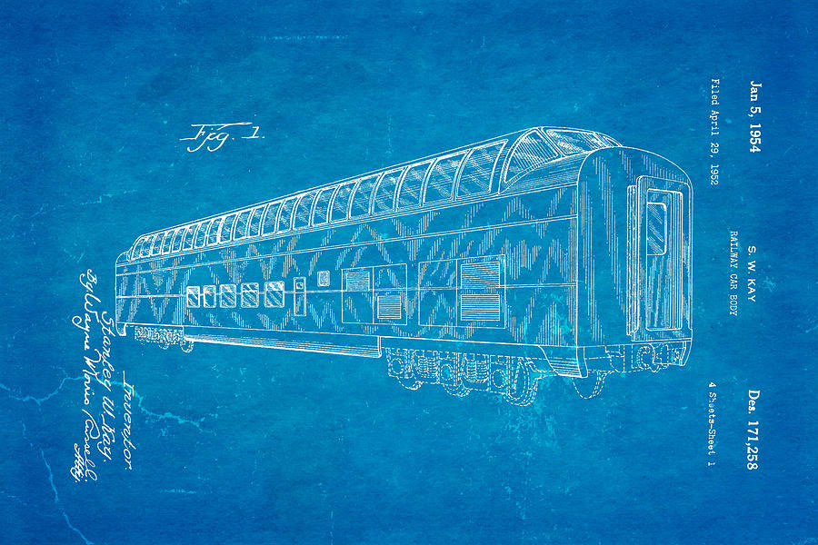 Train Photograph - Kay Railway Car Patent Art 1954 Blueprint by Ian Monk