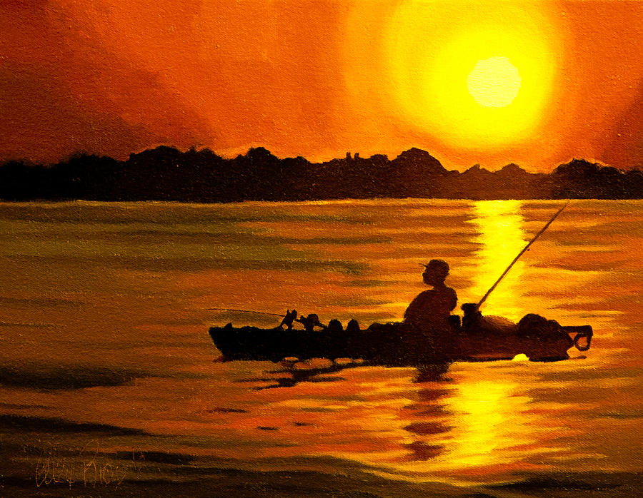 fishing sunset painting
