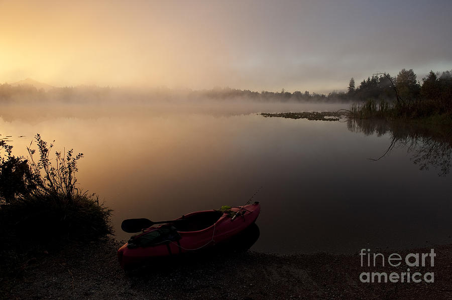 Kayak On Foggy Shore At Sunrise Photograph by Jim Corwin