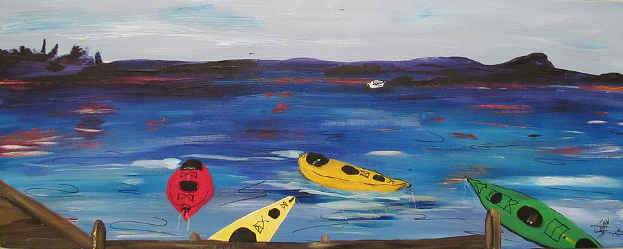 Kayaks at night Painting by Susan Voidets
