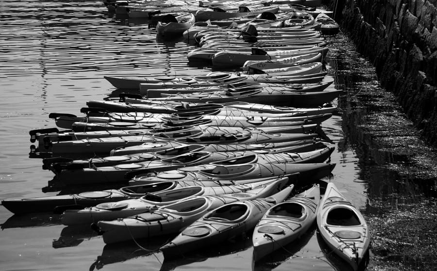 Kayaks at Rockport Black and White Photograph by Natalie Rotman Cote