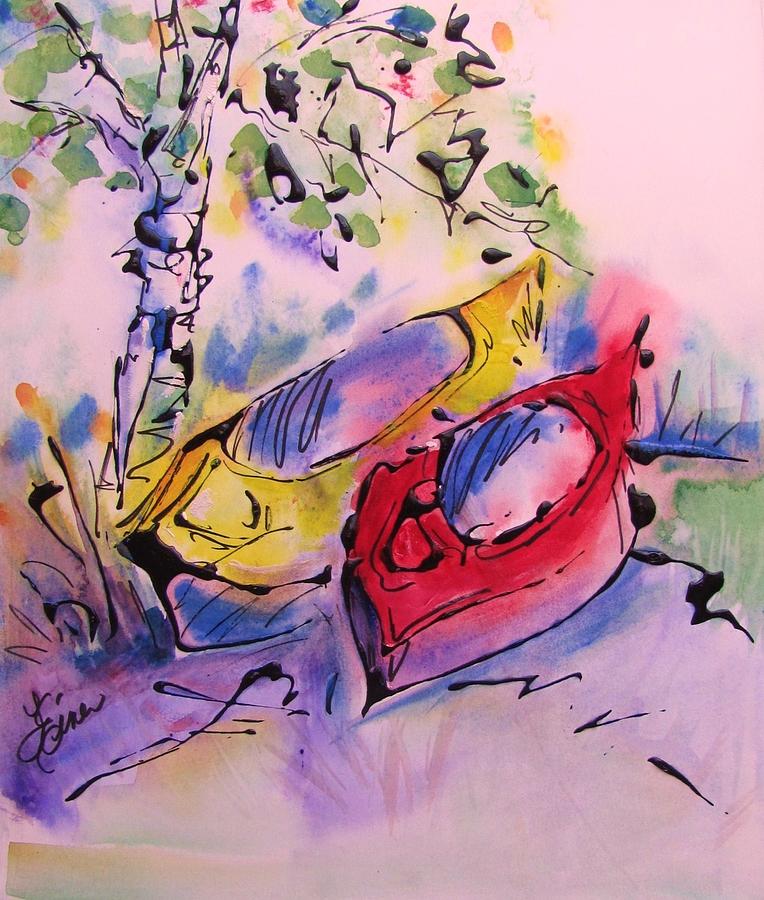Kayaks Napping-Drizzle Painting by Terri Einer