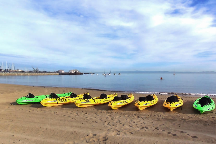 Boat Photograph - Kayaks on Monterey Bay by Art Block Collections