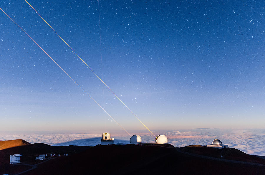 Keck Lasers at Moonrise Photograph by Jason Chu