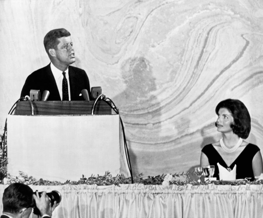 Black And White Photograph - Kennedy Speaks At Fundraiser by Underwood Archives