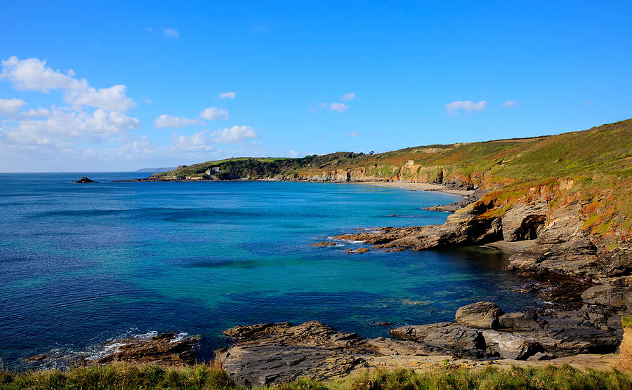 Beach Photograph - Kenneggy Cove Cornwall England west of Praa Sands and Penzance with blue sea and sky in summer by Charlesy 
