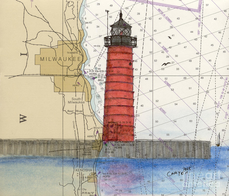 Kenosha N Pierhead Lighthouse WI Cathy Peek Nautical Chart Map Art