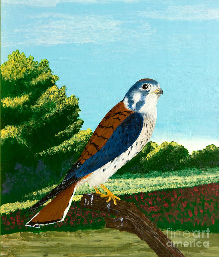 Kestrel and Flowers Painting by L J Oakes