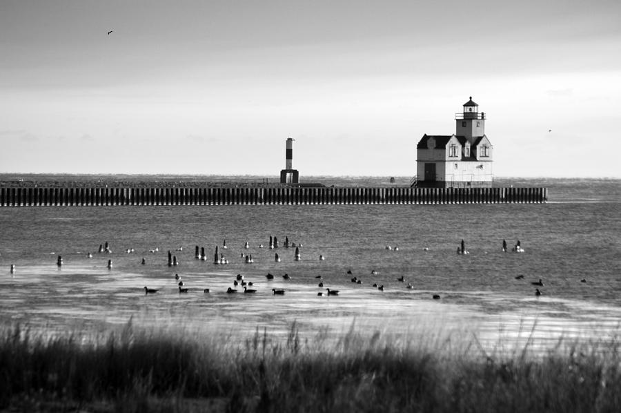 Kewaunee Lighthouse in BandW Photograph by Bill Pevlor