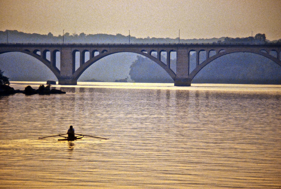 Sunset Photograph - Key Bridge Rower by Stuart Litoff