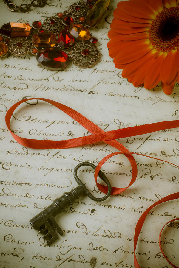 Key Photograph - Key on red ribbon by Garry Gay