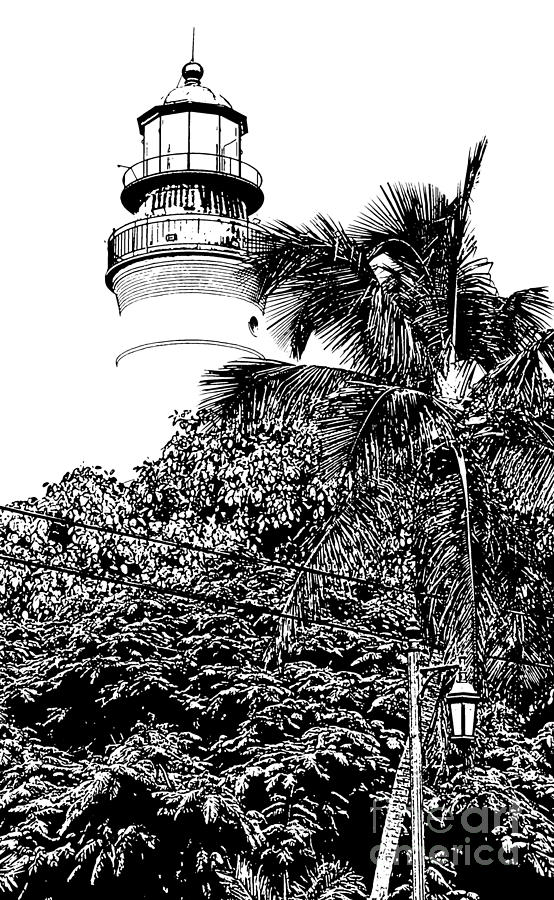 Key West Lighthouse Above Palm and Mimosa Trees Florida Black and White Stamp Digital Art Digital Art by Shawn OBrien