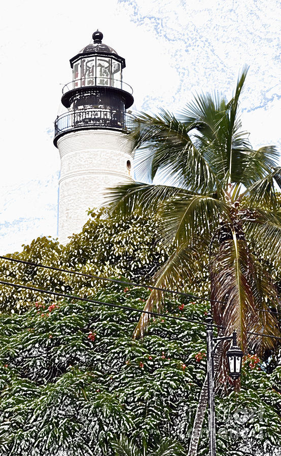 Key West Lighthouse Above Palm and Mimosa Trees Florida Colored Pencil Digital Art Digital Art by Shawn OBrien