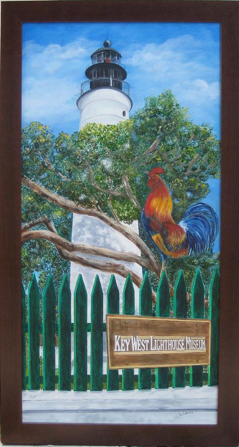 Key West Lighthouse Rooster Painting by Linda Cabrera