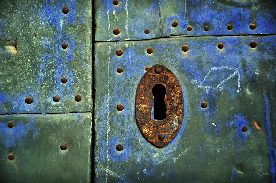 Vintage Photograph - Keyhole on a blue and green door by RicardMN Photography