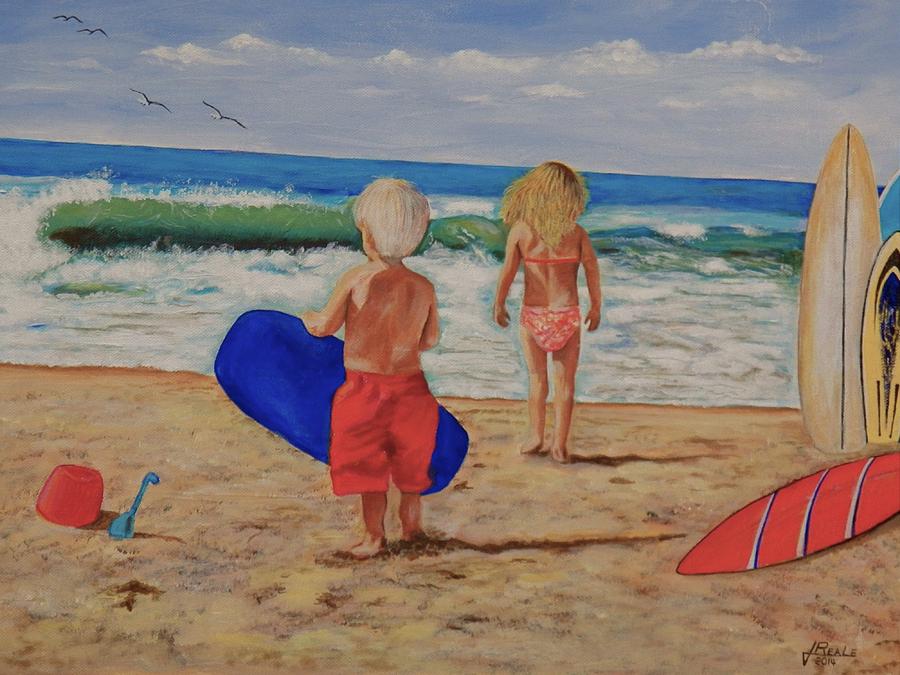 Seascape Painting - Kids at the Beach by Jim Reale Seascape Painting - Kids at the Beach by Jim Reale