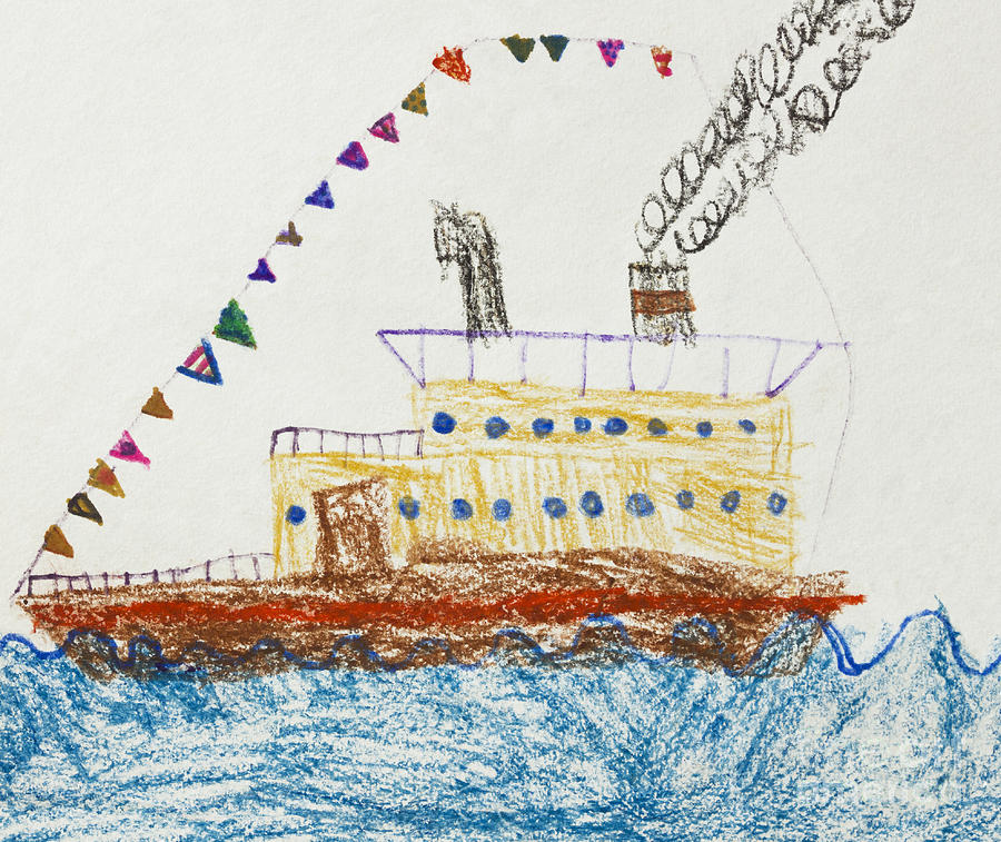 Kid's Drawing of a Passenger Ship in The Sea Drawing by