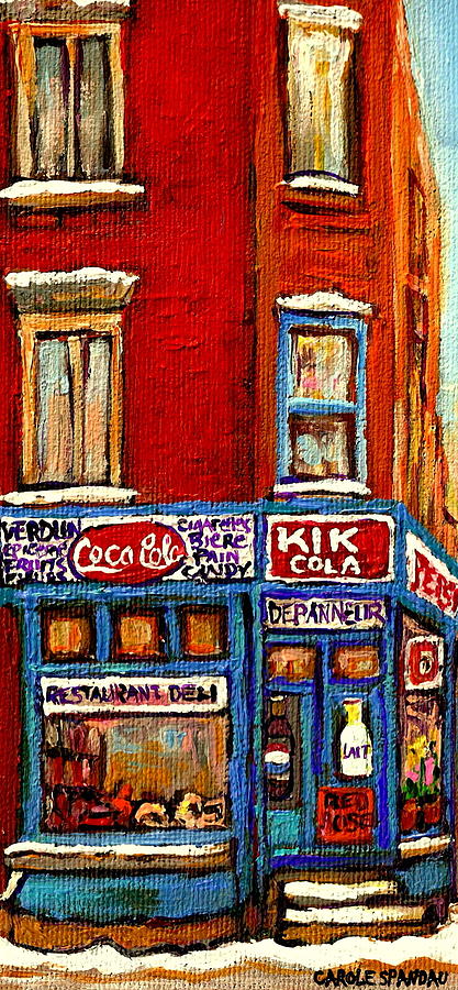 Kik Cola Pepsi  Cola Corner Depanneur Epicerie Marche Fruits Verdun Winter Montreal City  Scene Painting by Carole Spandau