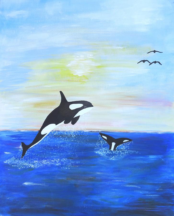 Killer Whales Leaping Painting by Karen Jane Jones